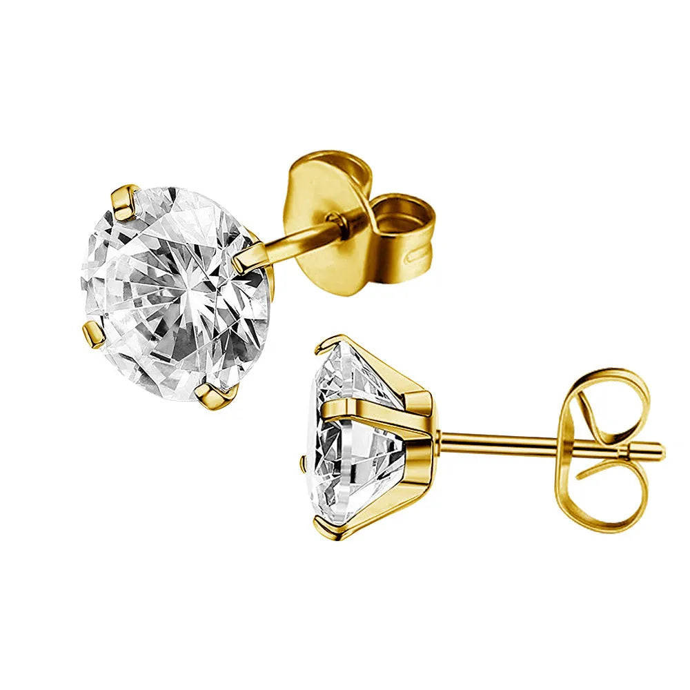 A pair of simple geometric stud earrings made from stainless steel with a zircon stone.