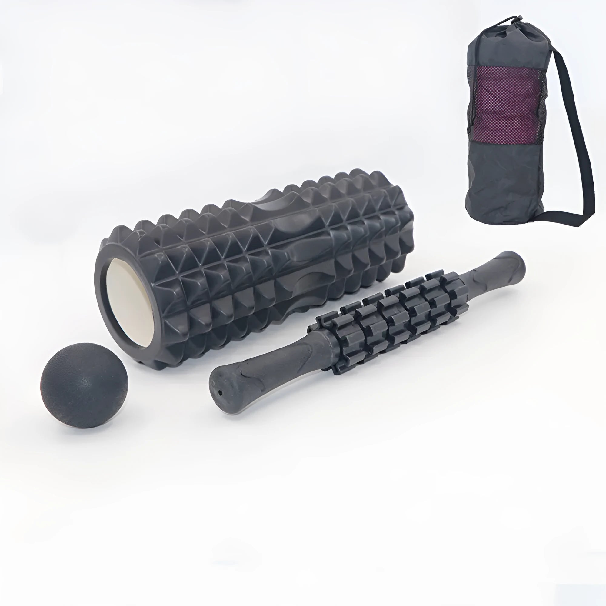 Black foam roller massage bar with gear-like segments, measuring 33cm in length