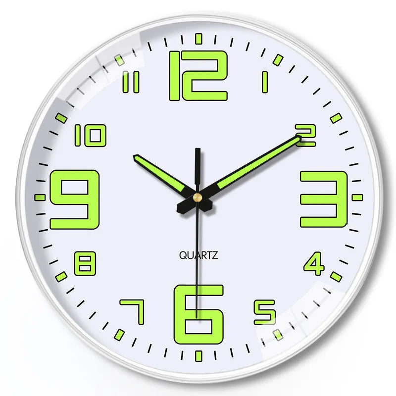 Modern 8 inch diameter luminous wall clock with plastic shell on a wall.