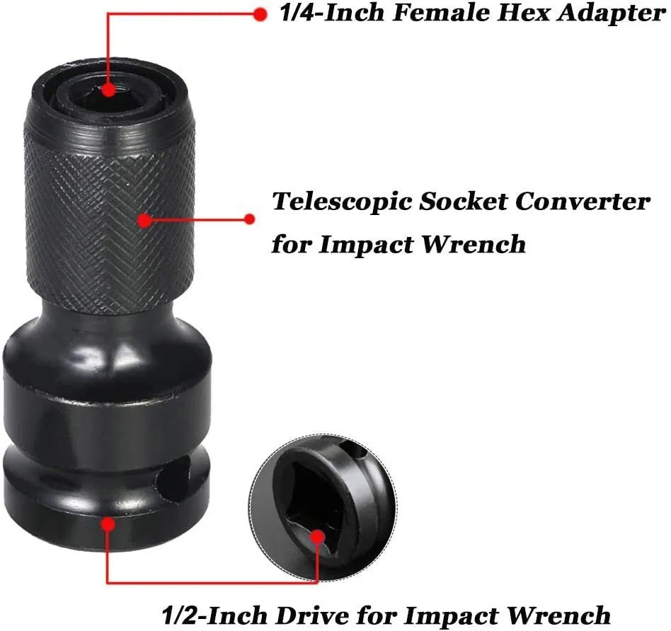 Telescopic scaling bit holder adapter for 1/2" to 1/4" drive conversion with O-ring bolt
