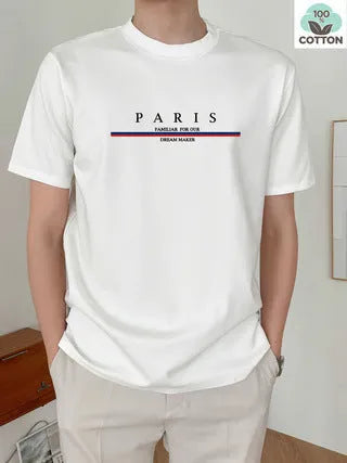 Men's loose fit pure cotton T-shirt with a printed letter design on the front, shown in apricot colour.