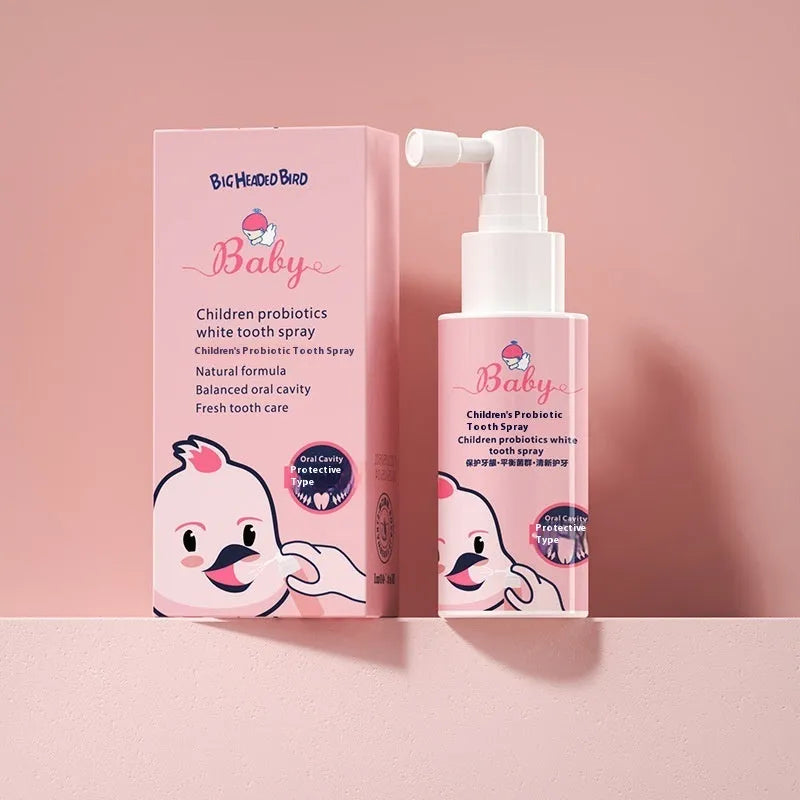 Children's probiotic teeth cleaning spray bottle in strawberry and orange flavours