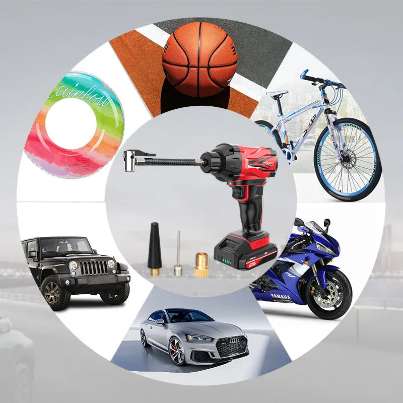 Red and black portable wireless car tyre air pump with power cable and nozzle attachments on a table.