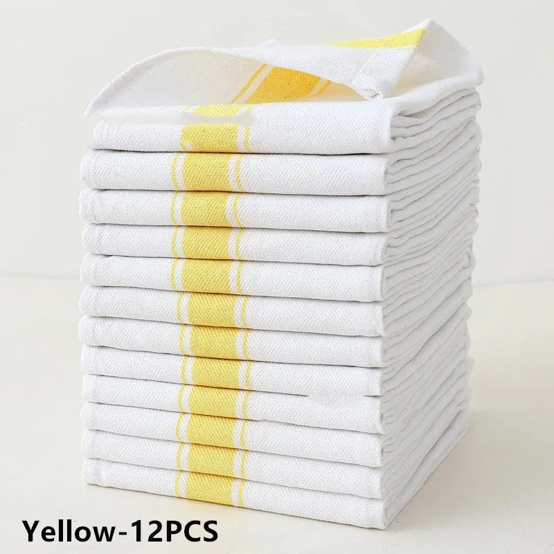 Pack of 12 striped cotton dish towels in assorted colours, showing dimensions of 48cm by 70cm.