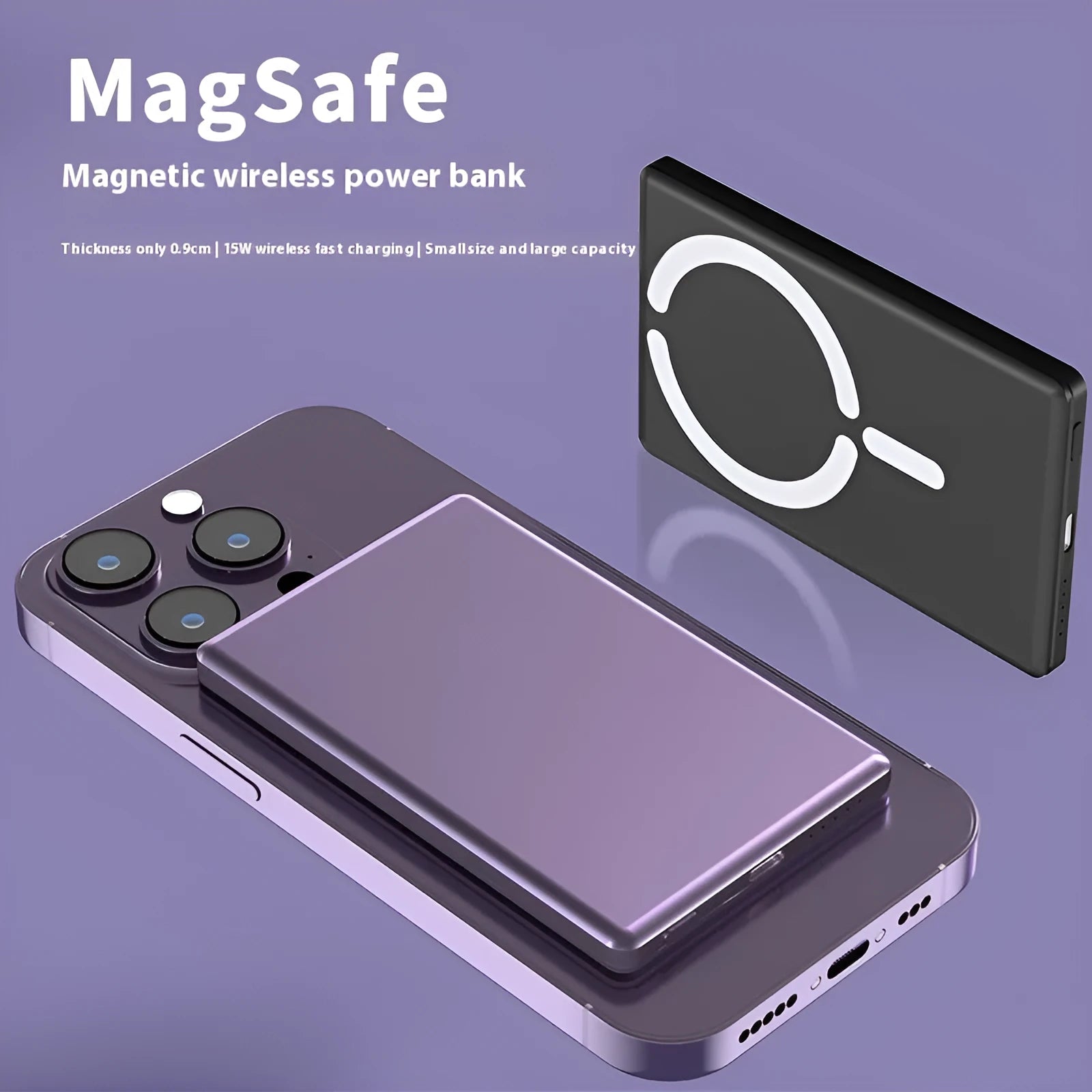 Ultra-thin silver magnetic power bank showing slim 9mm profile and alloy shell.