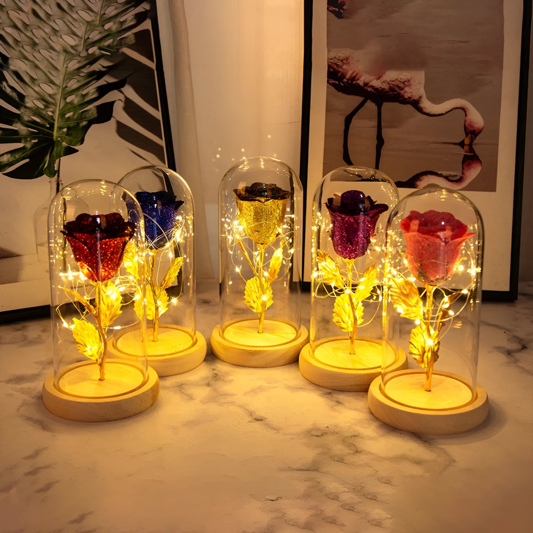 Eternal rose in glass cover with warm white LED strip light, six colour options, Valentines gift