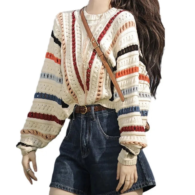 Rainbow striped hollow knit sweater with batwing sleeves in Japanese-Korean casual style