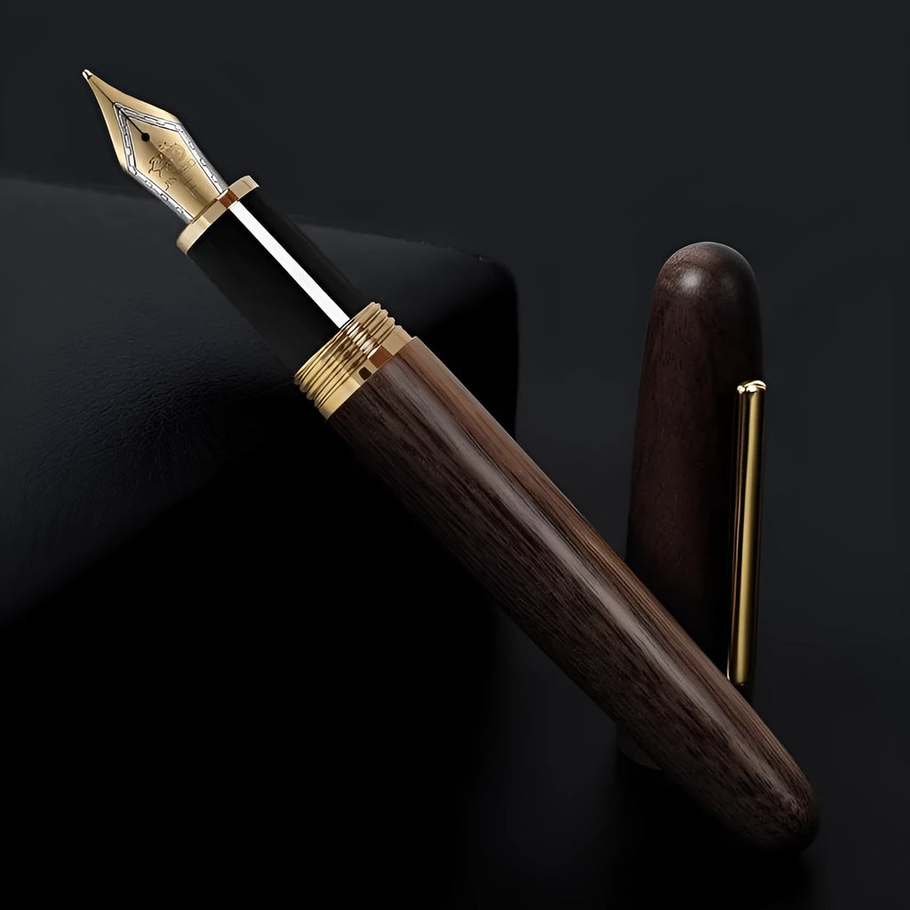 Wooden rotating cap pen with natural wood barrel and metal tip, business calligraphy pen