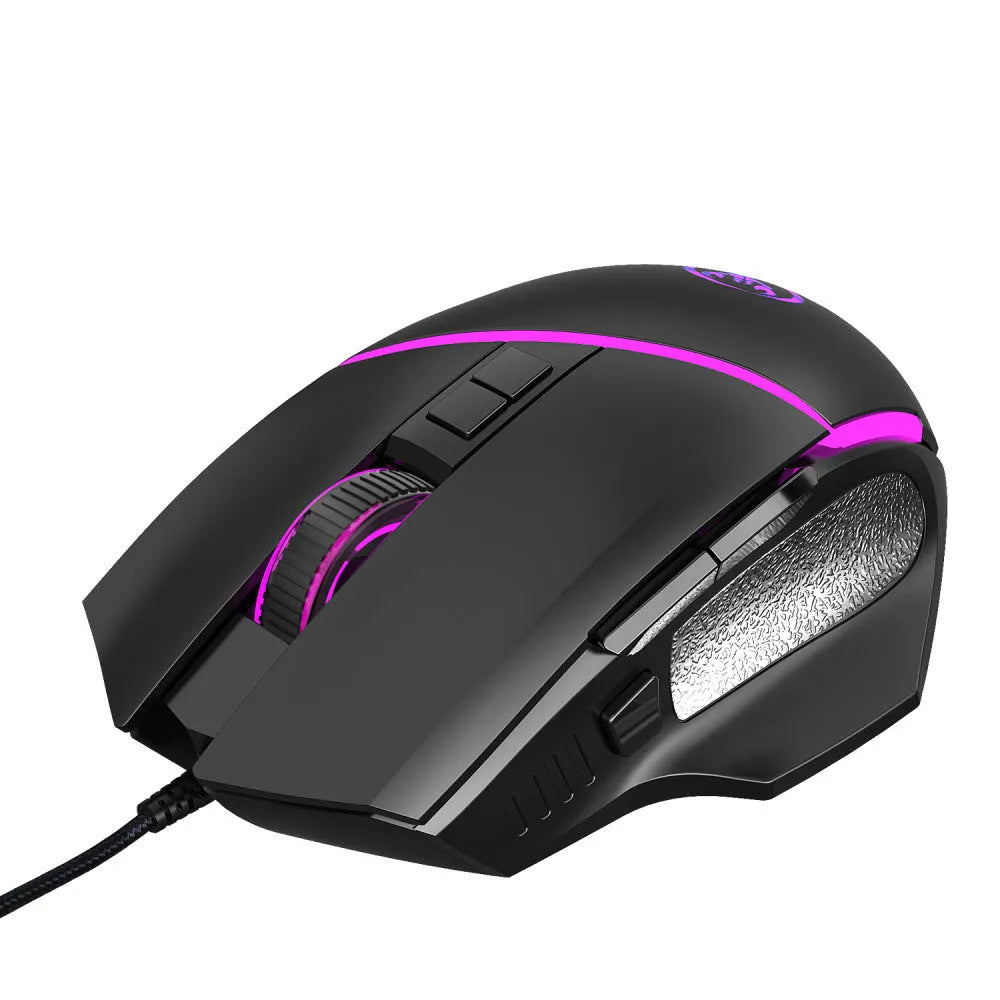 Black A876 wired gaming mouse with 8 buttons, 6400 DPI sensor, and 7-color breathing light on a desk