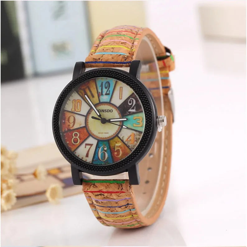 Casual vintage leather women's quartz wrist watch with 37mm round dial and stainless steel buckle
