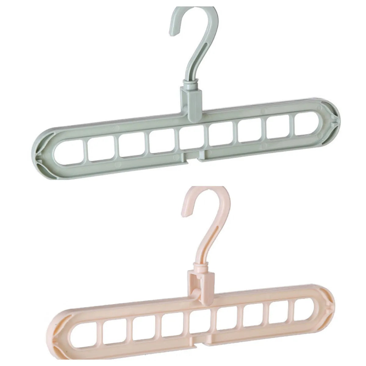 Plastic clothes hanger with 360 degree rotating hook, 33 cm long, available in pink, green, beige, grey, white, and grey