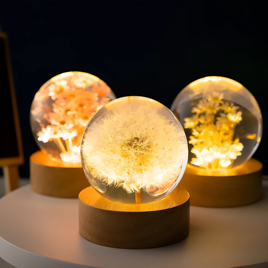 3D dandelion crystal ball LED desk lamp on beech wood base