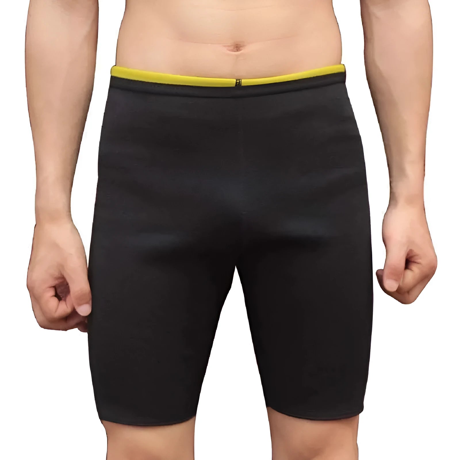 Men's weight loss neoprene sauna shorts in diving material SBR, black outside and yellow inside, flatlock stitching, size S to 4XL