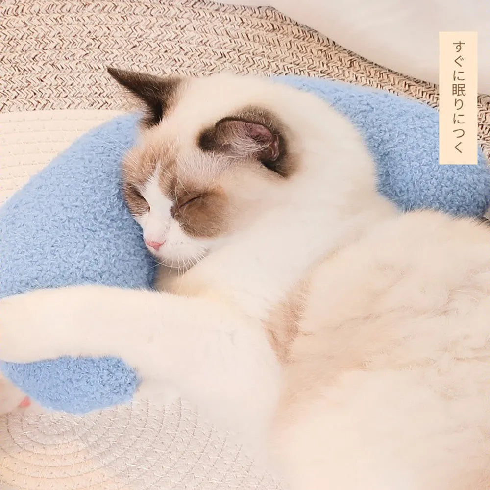 U-shaped soft cat pillow with an adjustable fabric collar in blue, khaki, white or yellow
