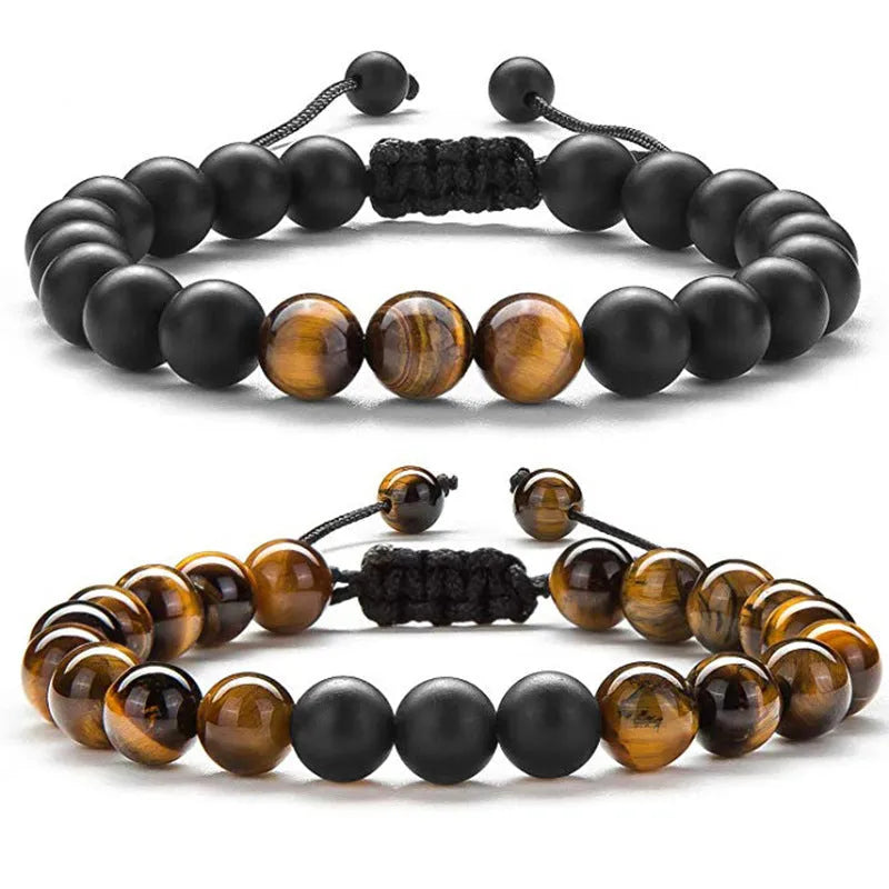 Matte black agate couple bracelets with geometric beads and European styling