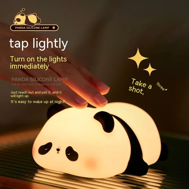Cartoon panda head night light with silicone construction and warm white glow
