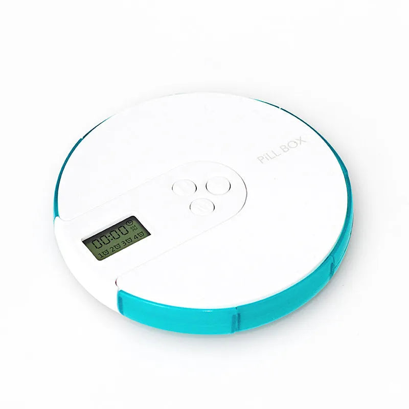 7-compartment alarm clock pill dispenser with programmable timer showing eight colour options