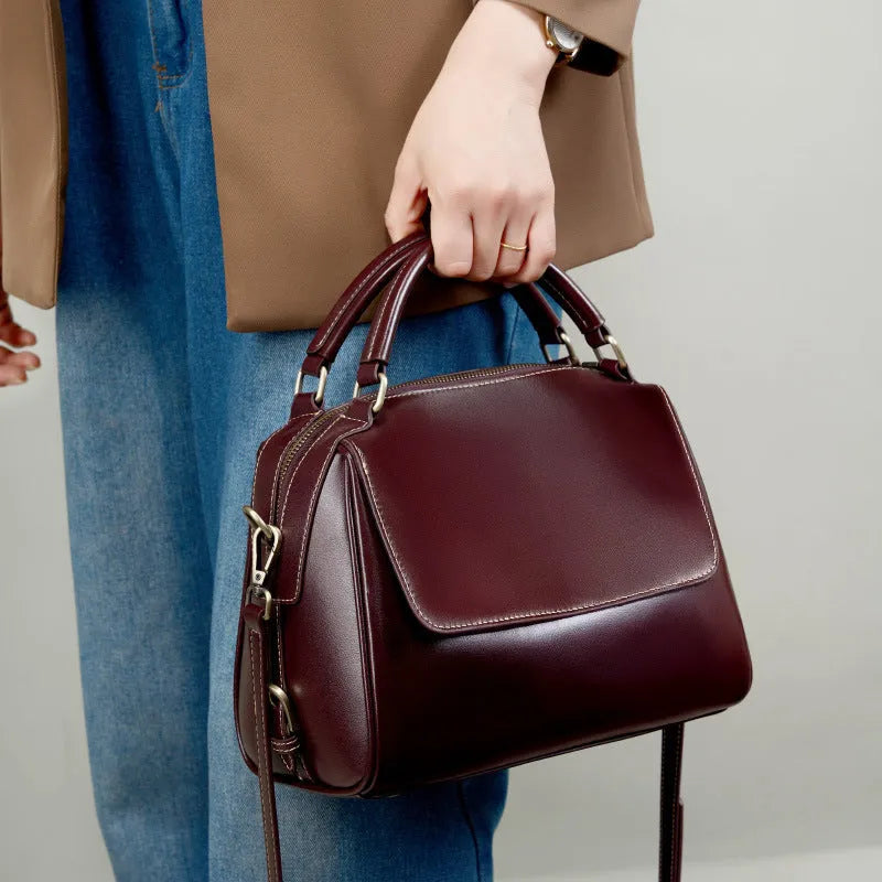 Women's genuine leather crossbody tote bag in cross square shape with double shoulder straps