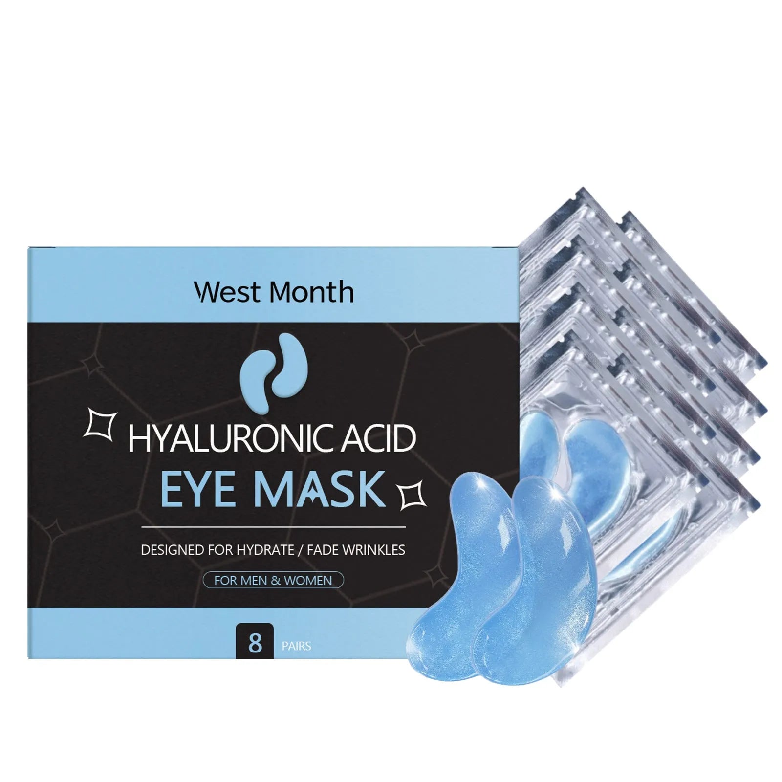 8 pairs of hyaluronic acid eye masks in a bag for under-eye hydration