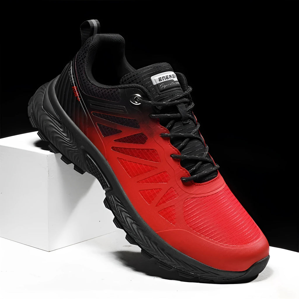Men's black breathable mesh running shoes with round toe and flat rubber sole on a white background.