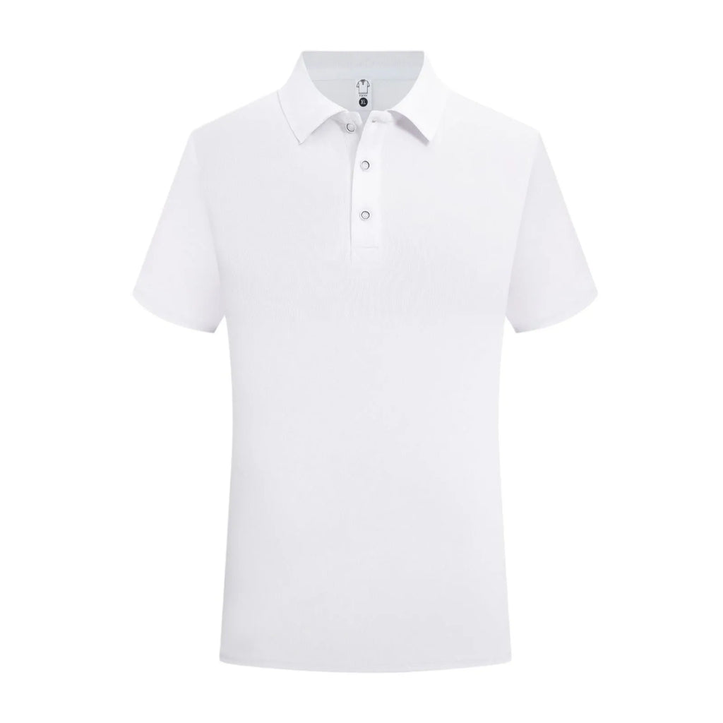 Short-sleeved cotton advertising work shirt on a hanger, straight fit, for custom embroidery.