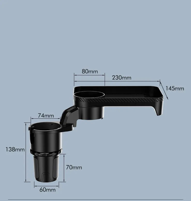 Black car-mounted 360-degree rotating dinner tray holder inserted in vehicle cup holder