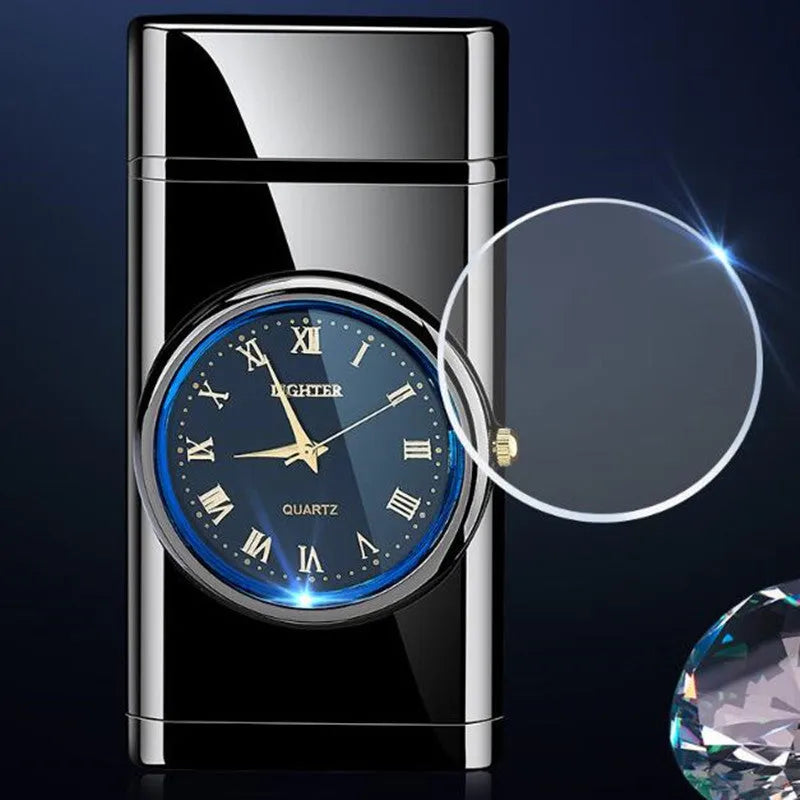 Metal electronic watch cigarette lighter with LED digital display and choice of five brushed or textured finishes.