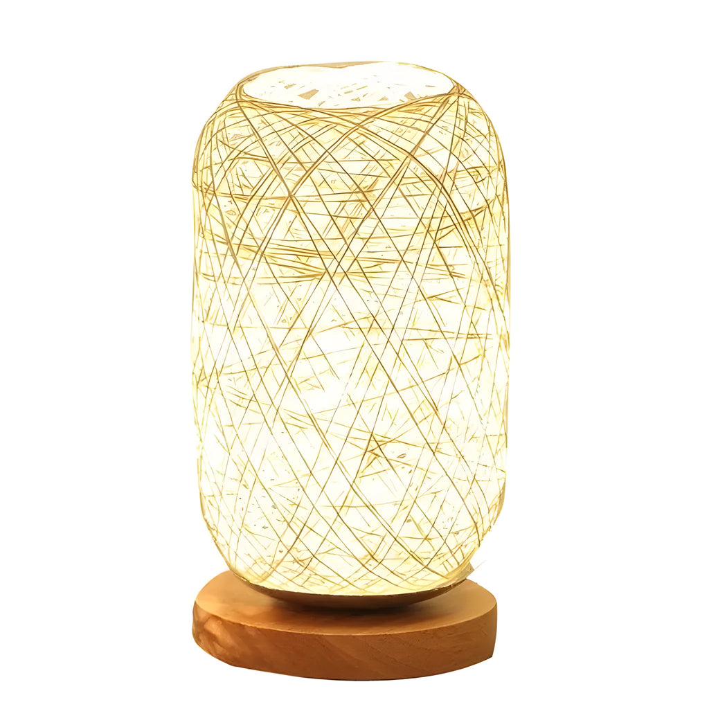 Natural hemp twine Sepak Takraw desk lamp with solid wood base in brown colour
