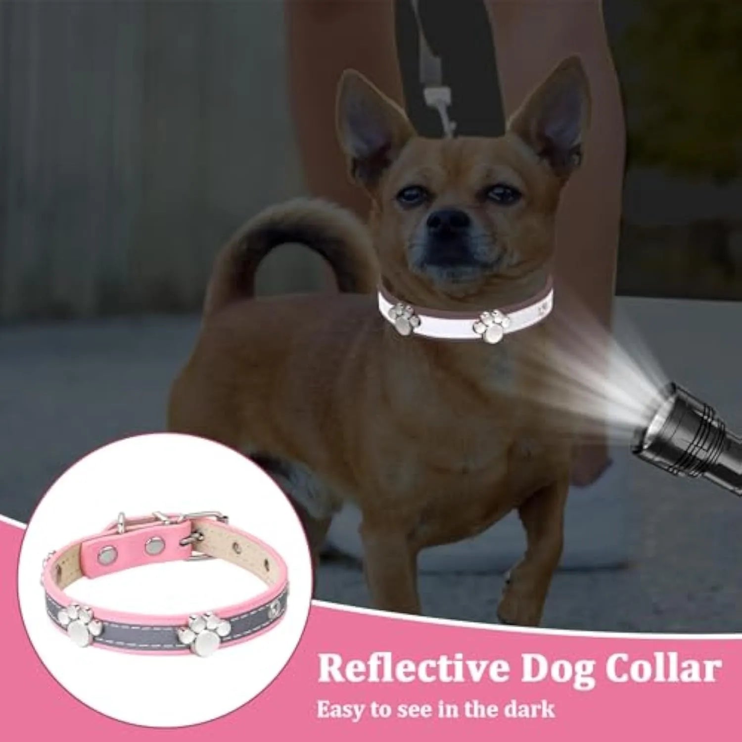 Reflective adjustable dog collar made of soft PU leather with metal buckle and paw-shaped rivet.