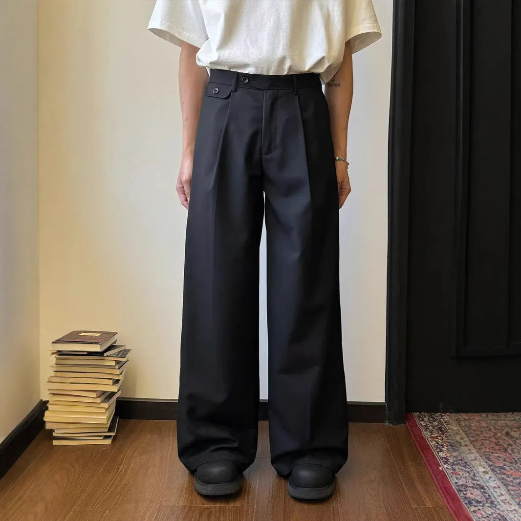 Men's brown straight-leg wide-cut casual trousers with draping silhouette