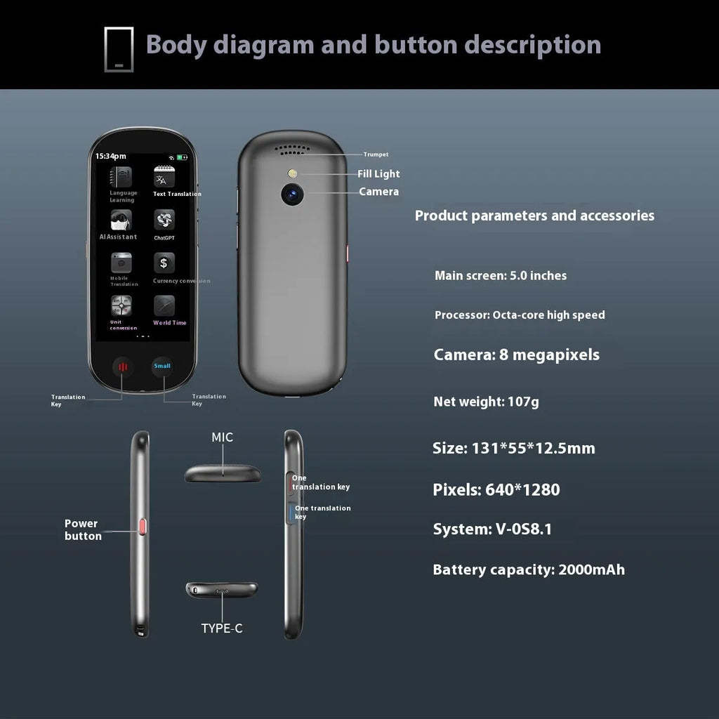 Black handheld simultaneous interpretation translator with attached lanyard on a table.