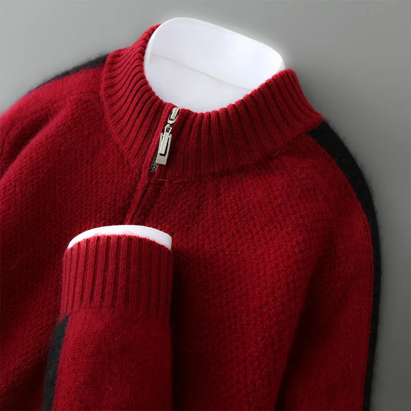 Women's half-zip wool knit sweater in slim fit showing Chinese red colour option