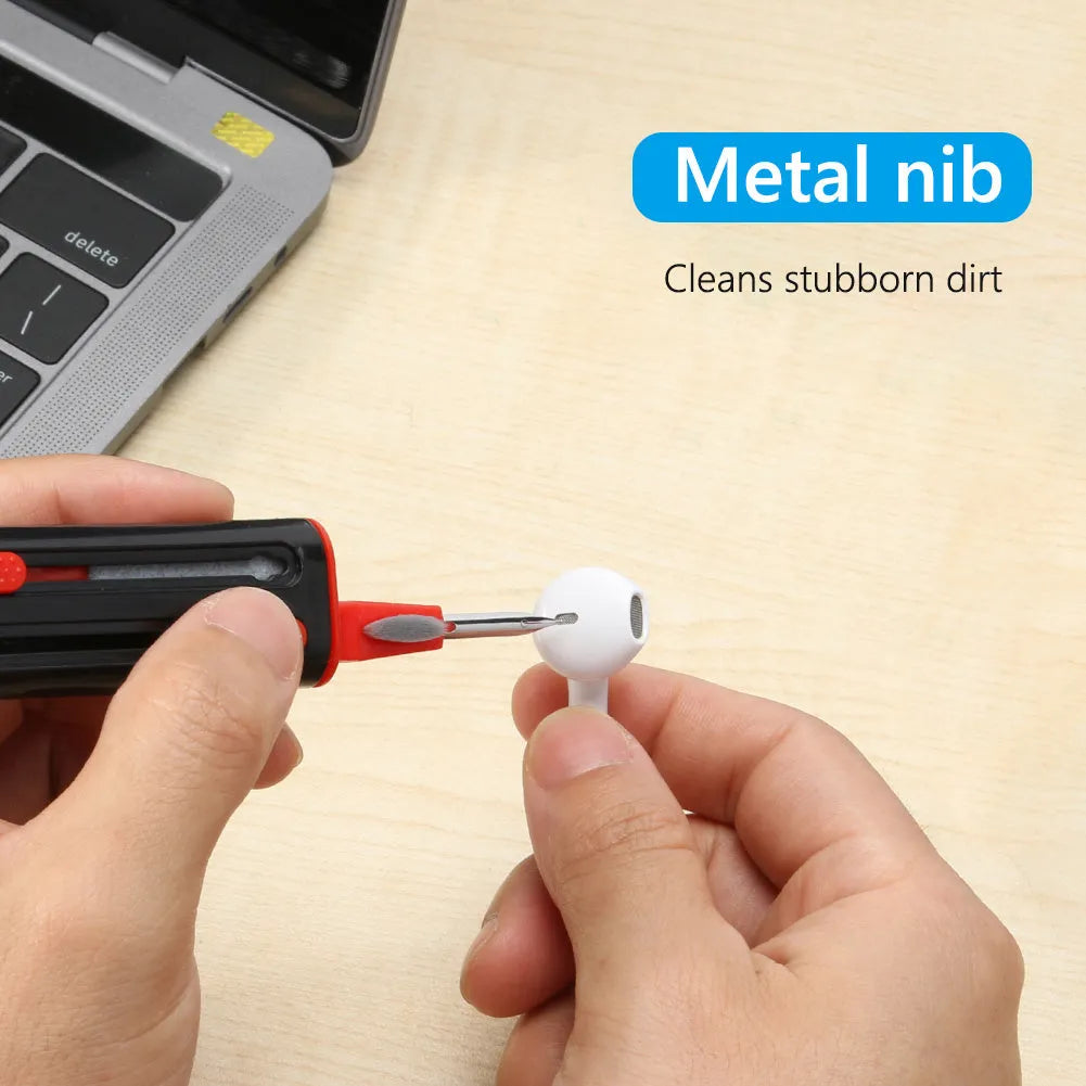 Cleaning pen for AirPods and Bluetooth earbuds with four heads including brush and sponge, in black and red colour