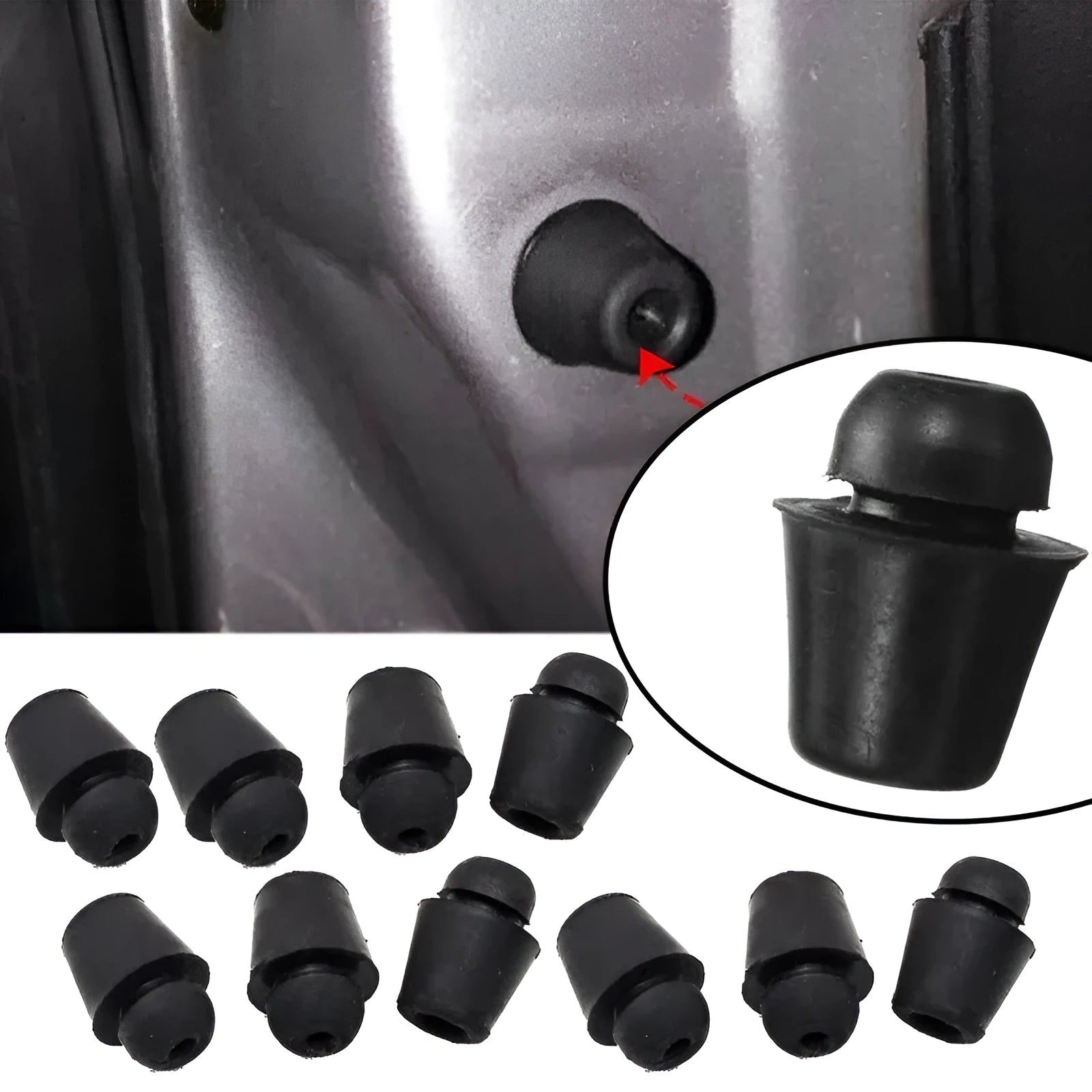 Ten dark grey rubber automobile buckle clips for vehicle trunk and cover shock absorption.