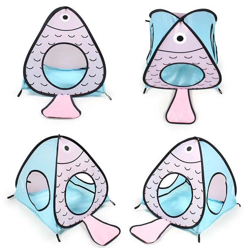 Foldable pet tent and cat tunnel three-piece set with cat and fish pattern