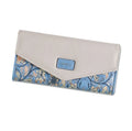 Women's black tri-fold PU leather wallet with buckle fastener showing open compartments.