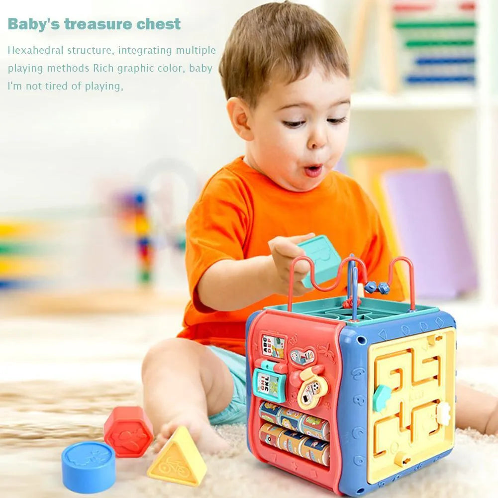 Colourful six-sided Montessori educational activity cube for babies with bead maze and gears