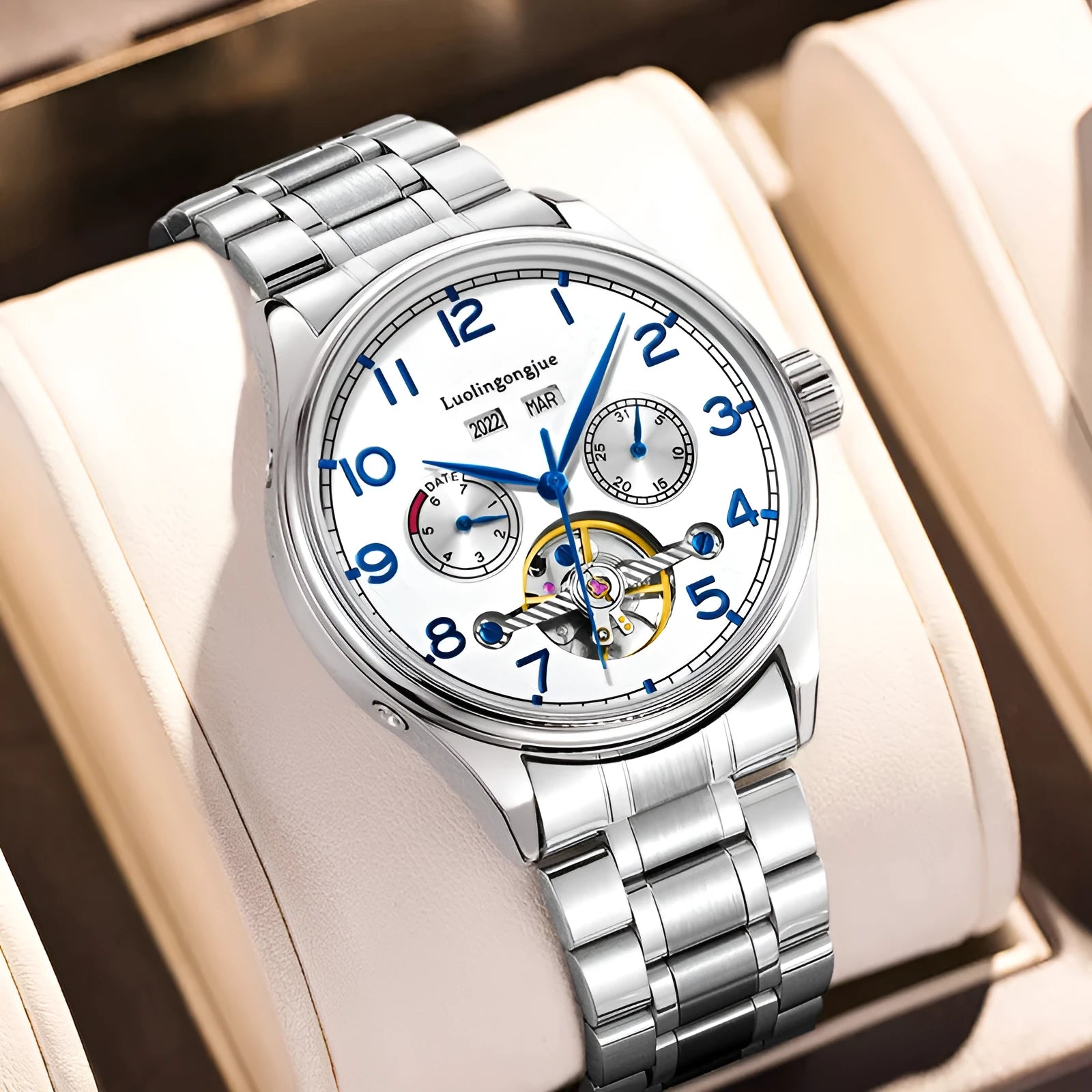 Men's stainless steel business mechanical watch with hollow skeleton dial and leather strap.