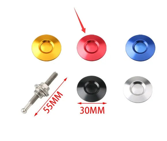 30mm diameter aluminium car engine cover lock with a button head, shown with a 55mm screw, in red finish.