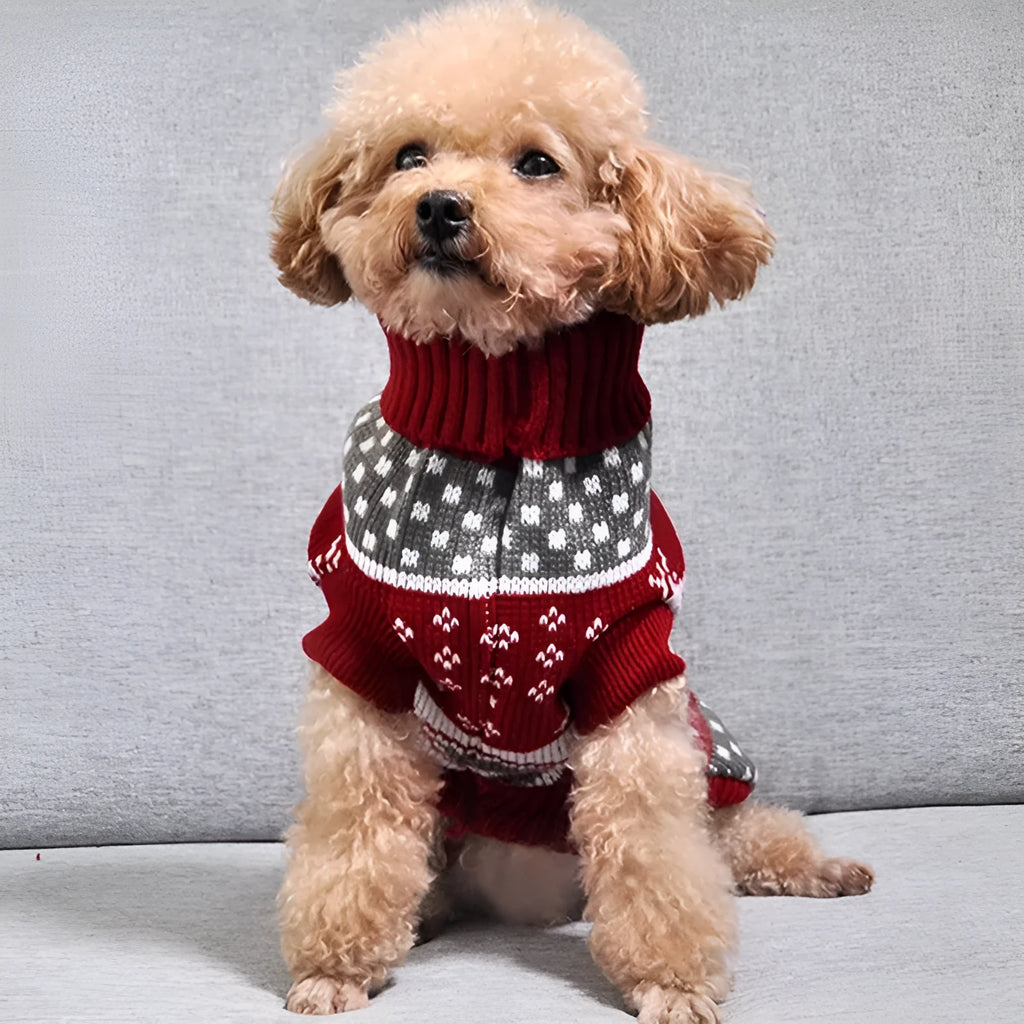 Christmas Maple Snowflake Turtleneck Knitted Sweater for dogs in Red Leaf colour, wool knit fabric