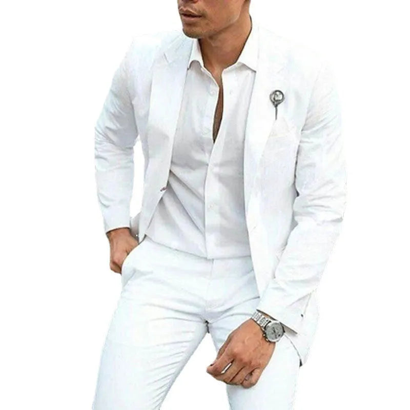 White men's slim fit two-piece suit on a hanger