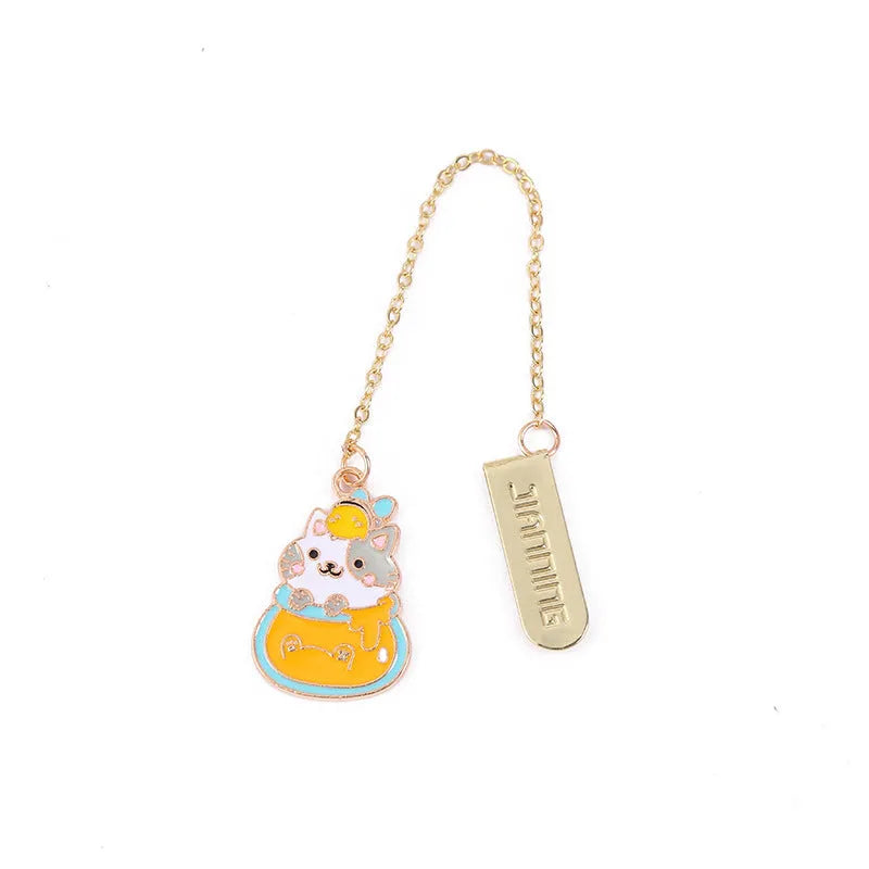 Jane Lime metal pendant cat cartoon bookmark in four colourful designs on a white background.