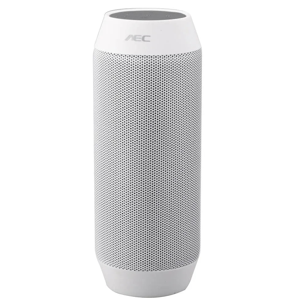 Mini black and white Bluetooth speaker with multicolour LED lights showing 360° sound design