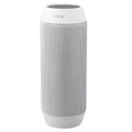 Mini black and white Bluetooth speaker with multicolour LED lights showing 360° sound design