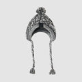 Grey winter fashion dog hat with fluffy polar pom, braided knit acrylic fabric, and ear slits on a dog