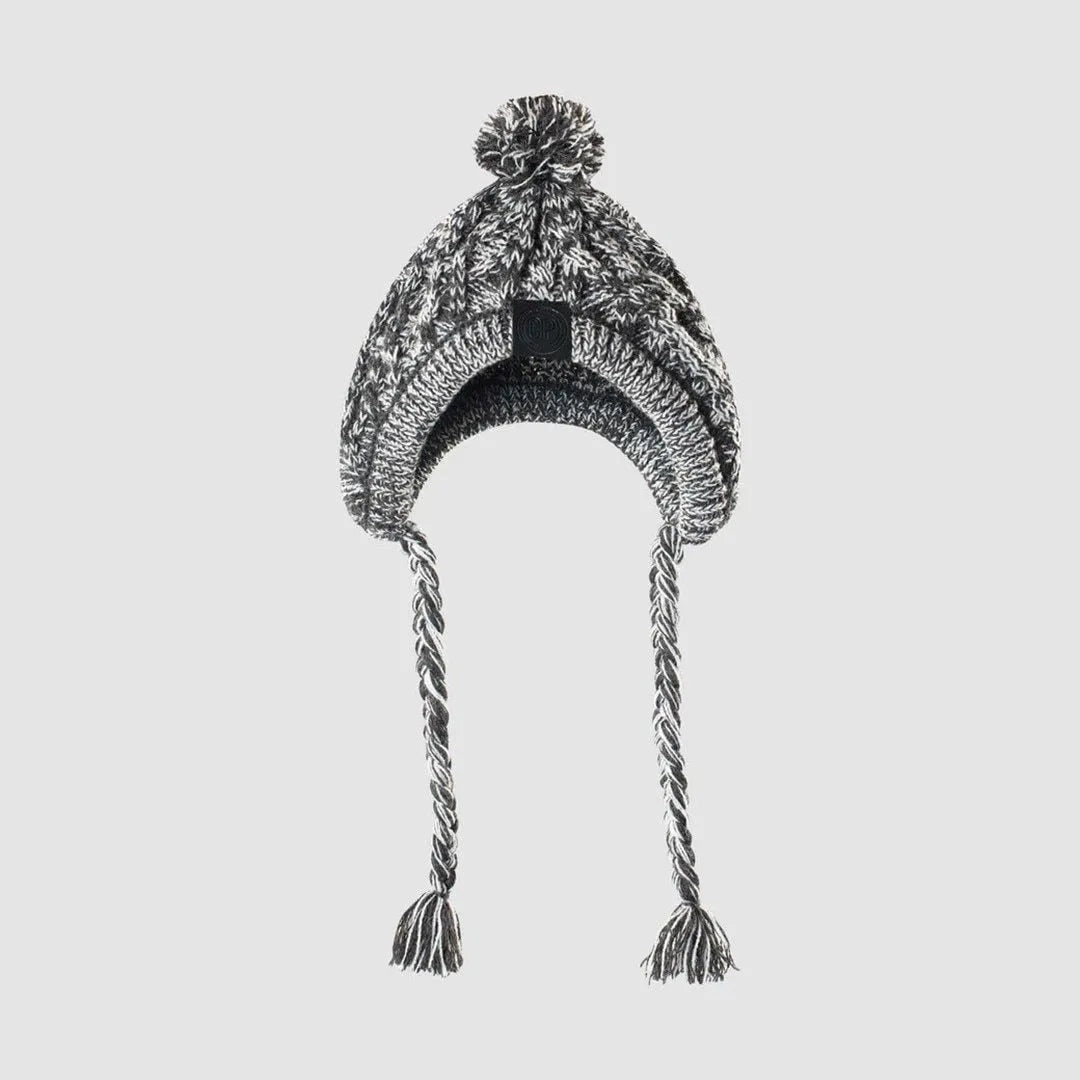 Grey winter fashion dog hat with fluffy polar pom, braided knit acrylic fabric, and ear slits on a dog
