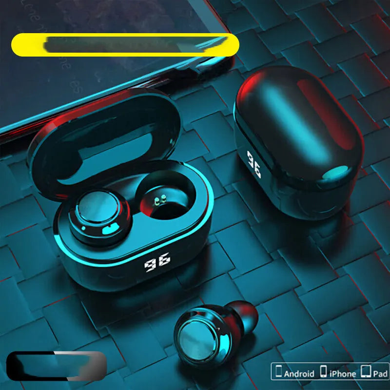 Black stereo Bluetooth headset showing earbud design with wireless connectivity features