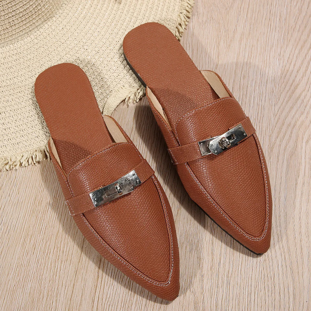 Women's pointed-toe low heel semi-slippers in light brown with PU upper and rubber sole