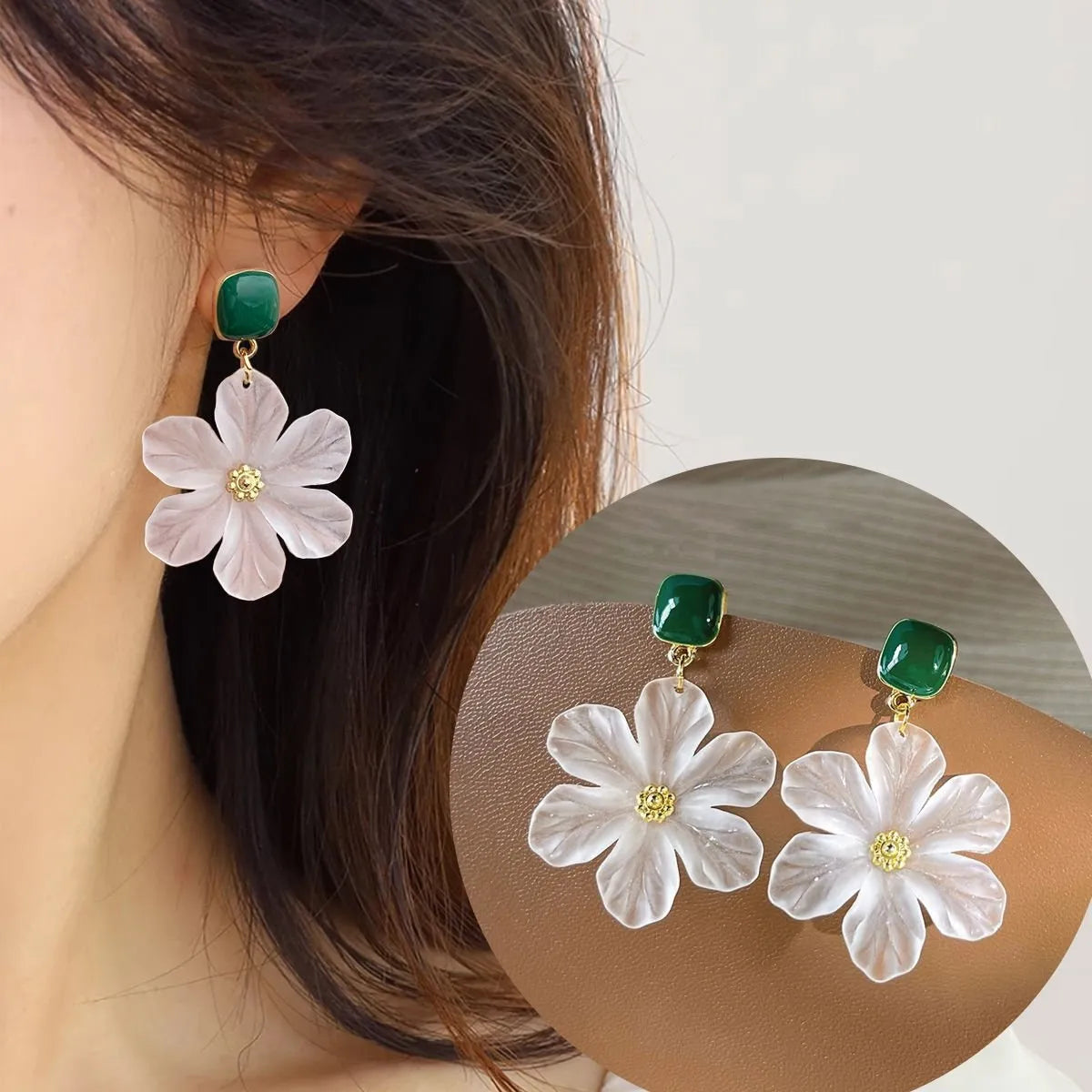 Dark green and silver alloy needle flower sweet earrings for women