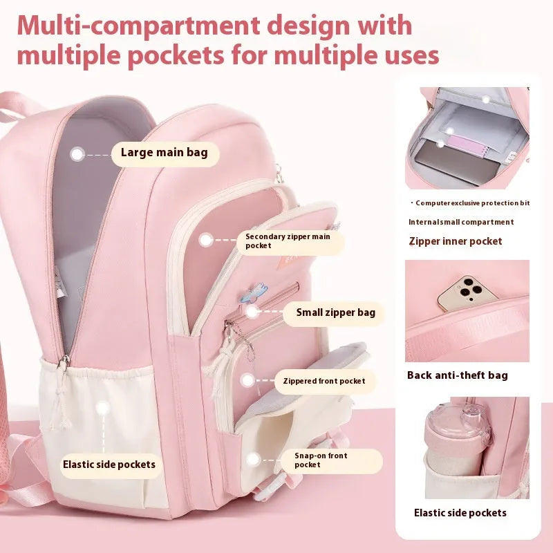 Girls' waterproof school backpack in Oxford cloth with curved shoulder straps, shown in a solid colour.